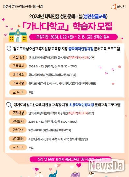 화성시, 2024년 성인을 위한 한글교실 가나다학교·늘배움학교 수강생 모집