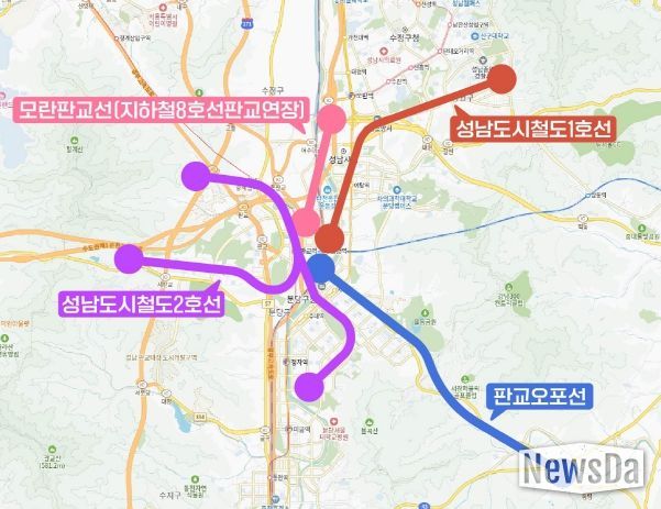 경기도 도시철도망 구축계획에 반영된 성남시 4개 도시철도 노선