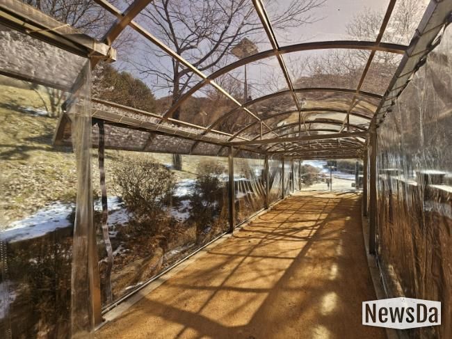병목안시민공원 맨발산책길에 설치한 지붕 캐노피와 방한 비닐막 사진
