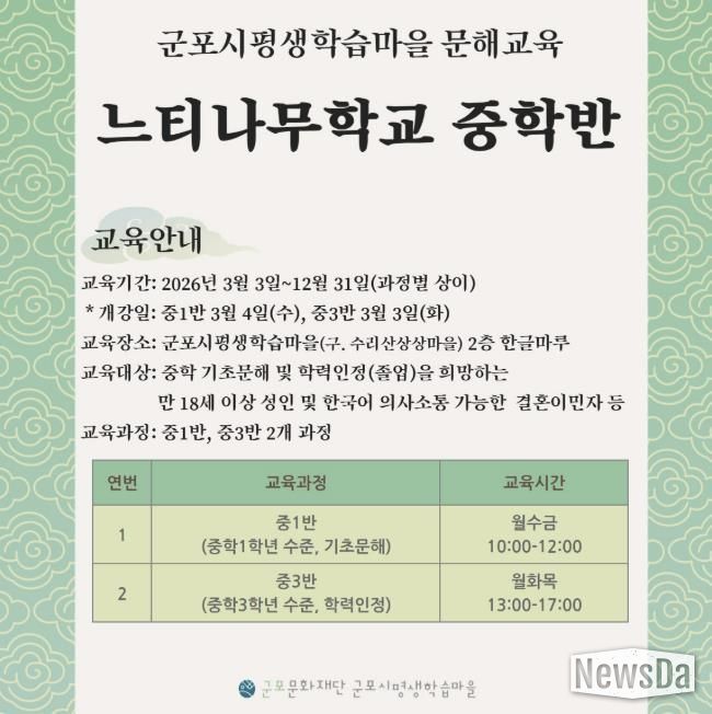 군포문화재단, 2026학년도 문해교육 느티나무학교 개강