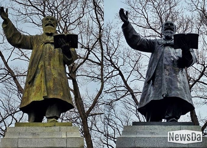 황성공원 내 최시형 선생 동상이 정비 전(왼쪽)과 정비 후 모습. 경주시는 오염 제거와 보호제 도포를 통해 동상의 원형을 회복하고 보존성을 강화했다.